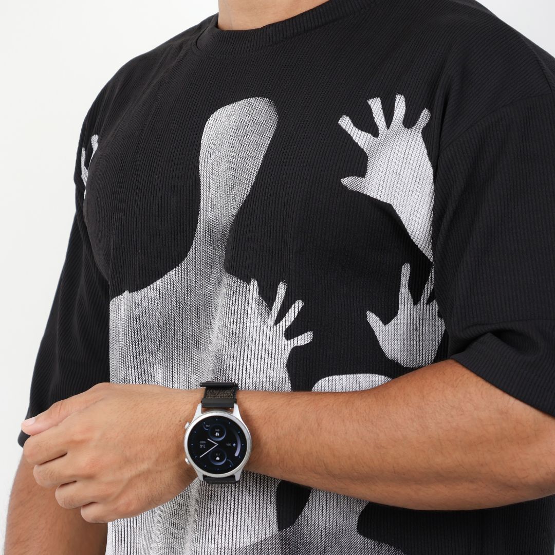 Men Textured Printed Oversized T-shirt Black