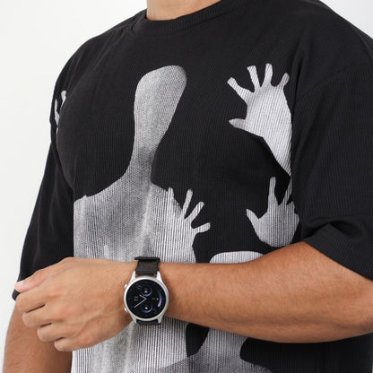Men Textured Printed Oversized T-shirt Black