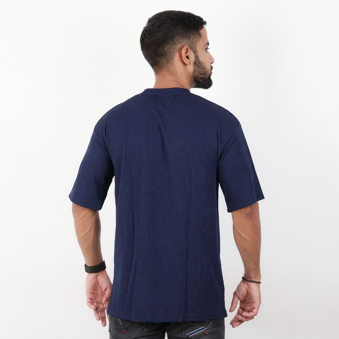 Men Textured Printed Oversized T-shirt Navy