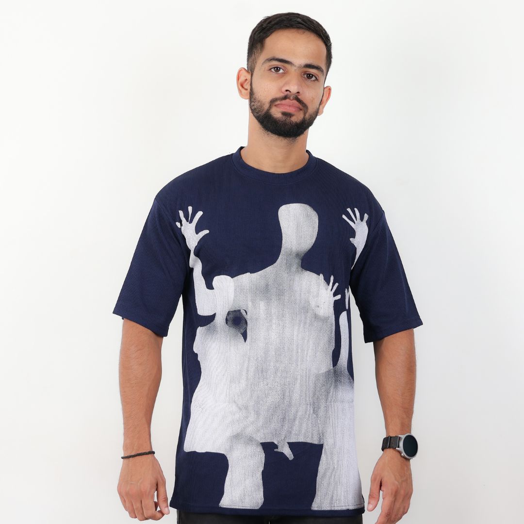 Men Textured Printed Oversized T-shirt Navy