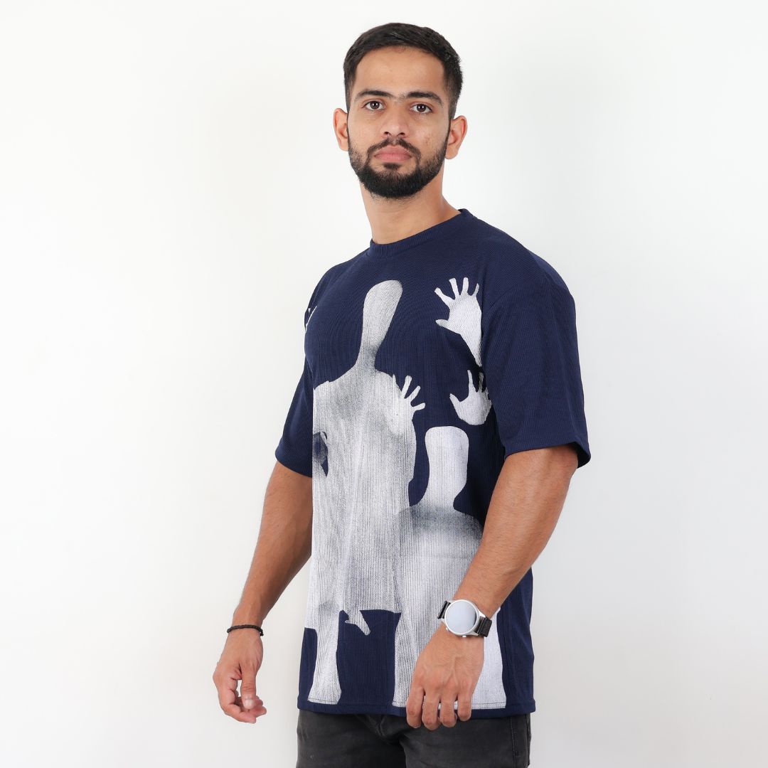 Men Textured Printed Oversized T-shirt Navy