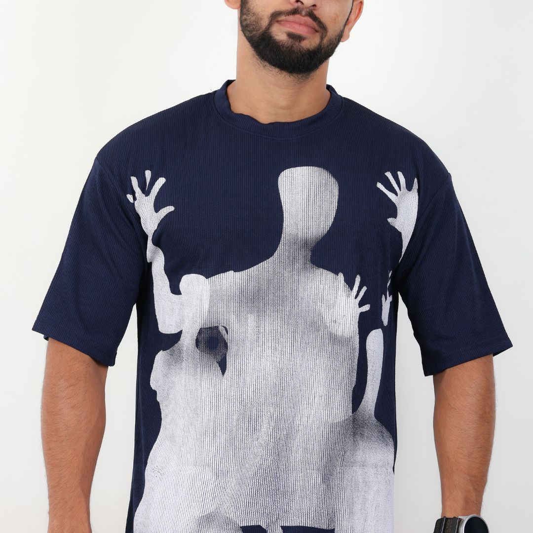 Men Textured Printed Oversized T-shirt Navy