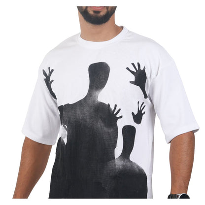 Men Textured Printed Oversized T-shirt White