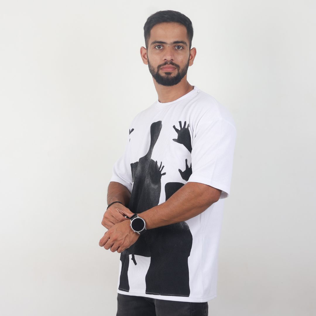Men Textured Printed Oversized T-shirt White