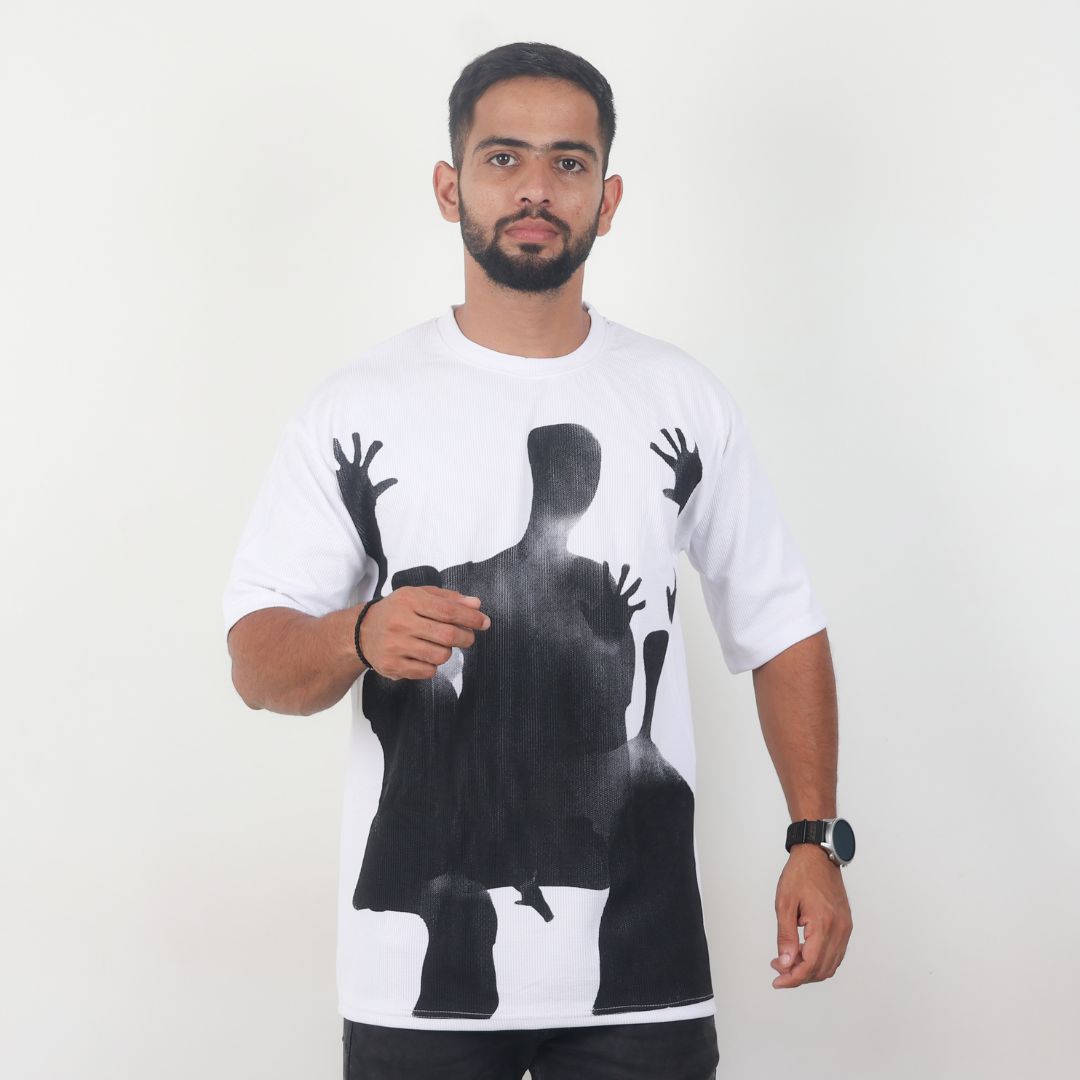 Men Textured Printed Oversized T-shirt White
