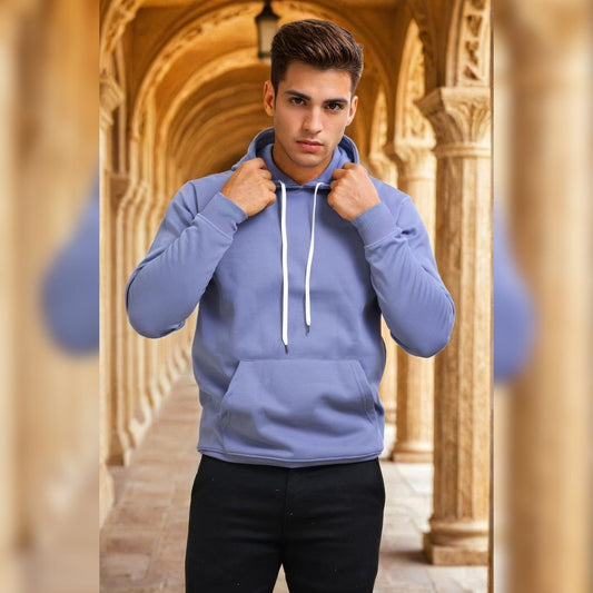 Men Solid Regular Fit Hoodie Blue