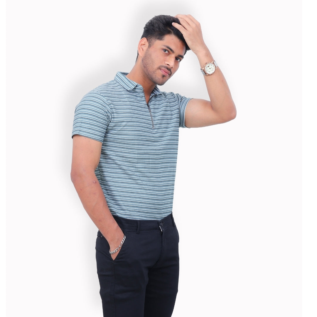 Men Half Zipper Polo T-Shirt Half Sleeves Green