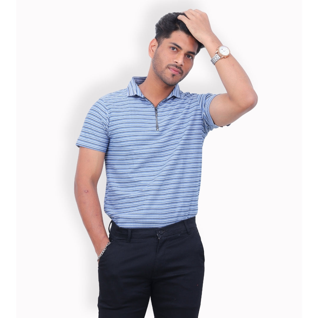 Men Half Zipper Polo T-Shirt Half Sleeves Sky