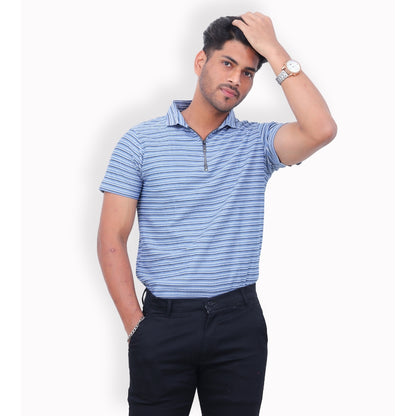 Men Half Zipper Polo T-Shirt Half Sleeves Sky