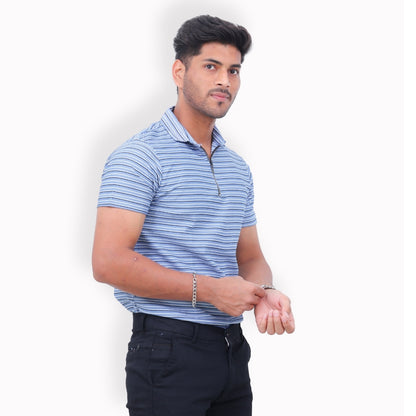 Men Half Zipper Polo T-Shirt Half Sleeves Sky