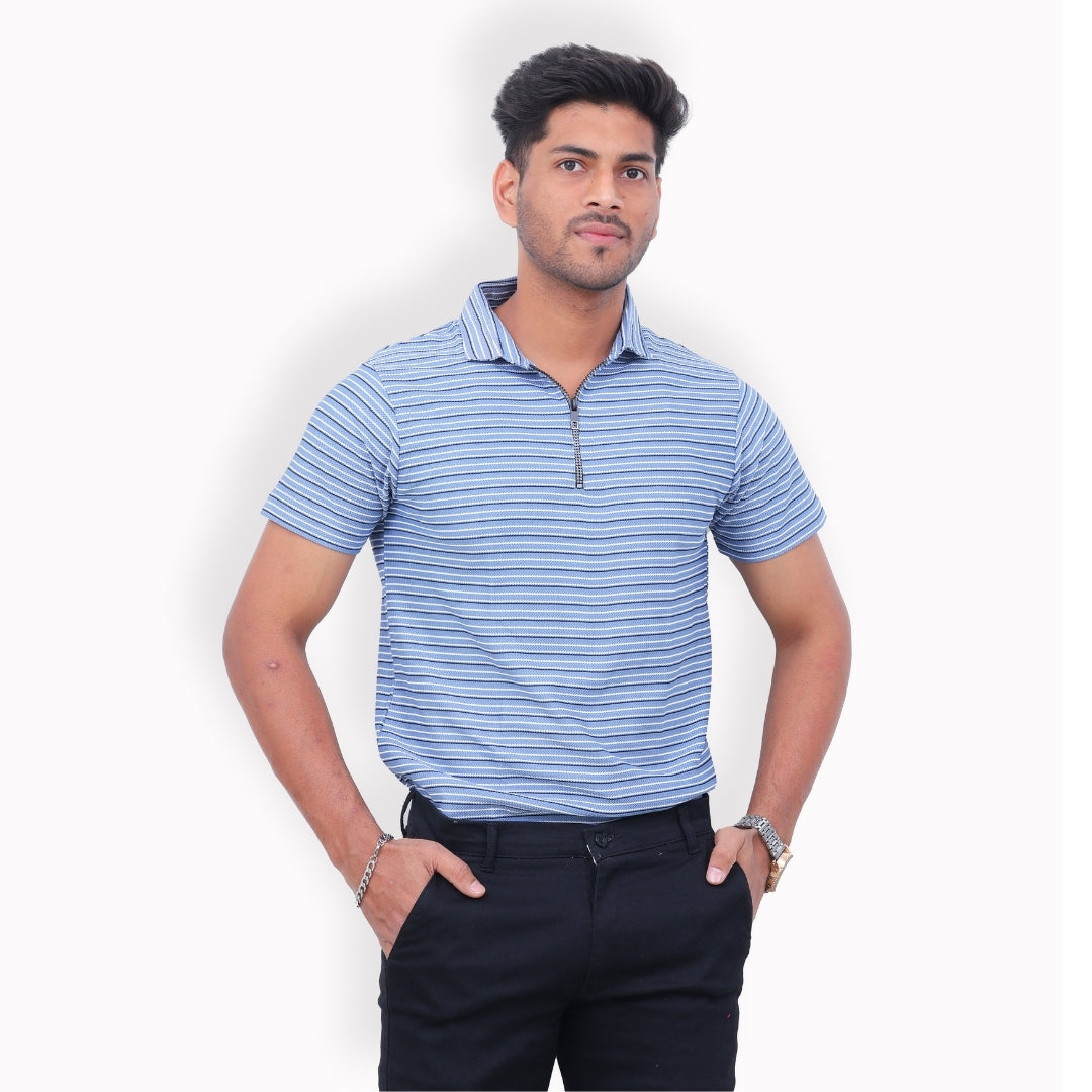 Men Half Zipper Polo T-Shirt Half Sleeves Sky