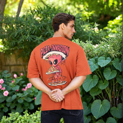 Pizza Invasion Back Print Oversized T-shirt Orange