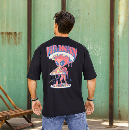 Black Pizza Invasion Back Print Oversized T-shirt