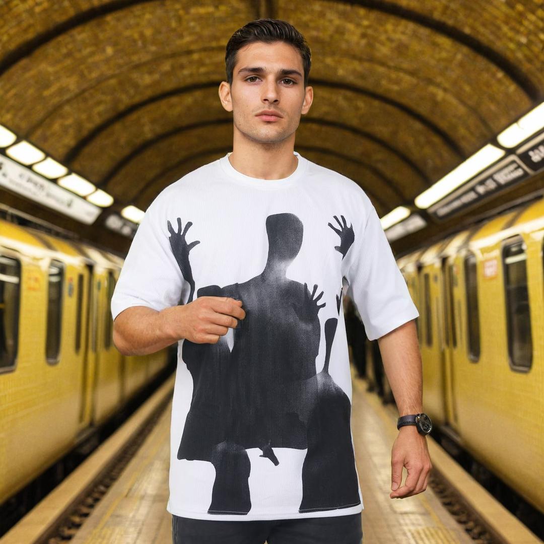 Men Textured Printed Oversized T-shirt White