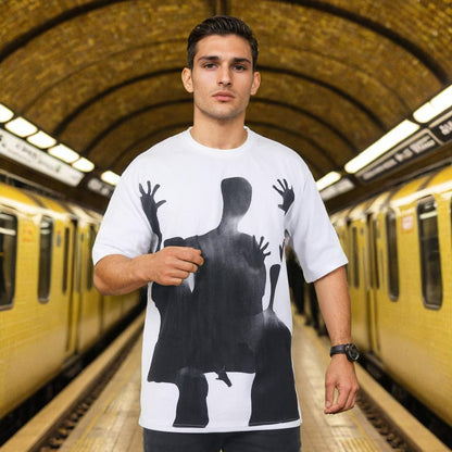 Men Textured Printed Oversized T-shirt White