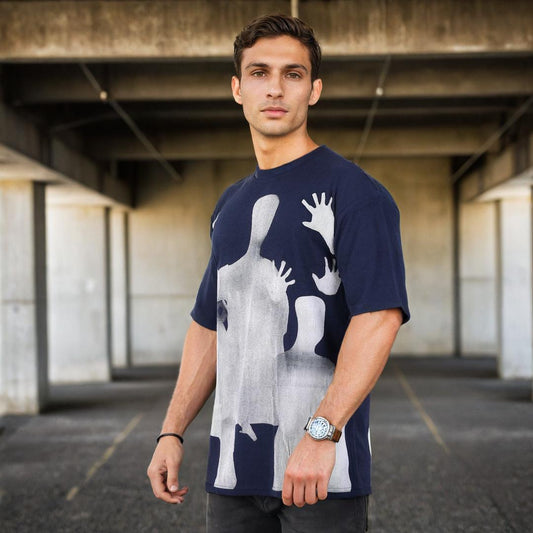 Men Textured Printed Oversized T-shirt Navy