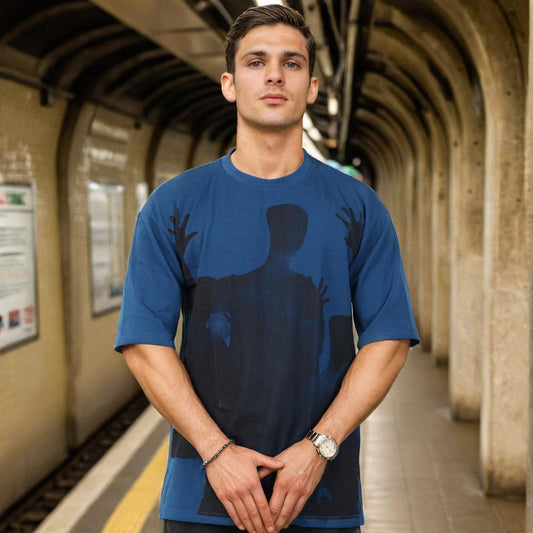 Men Textured Printed Oversized T-shirt Blue