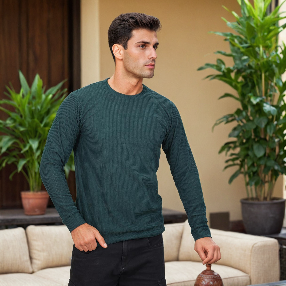 Corduroy Full Sleeves T-shirt for Men Green
