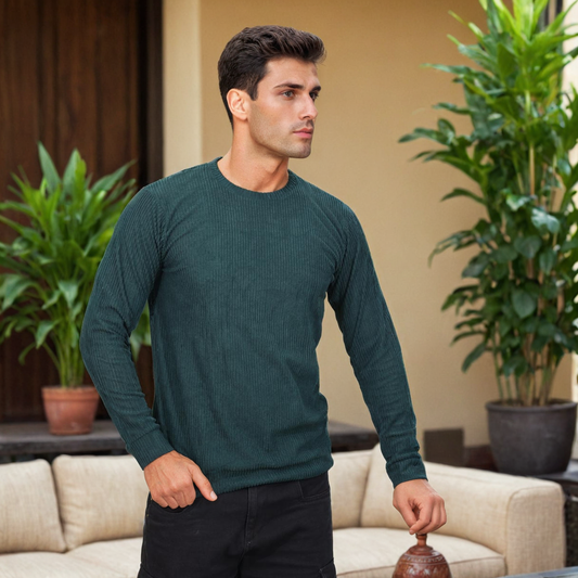 Corduroy Full Sleeves T-shirt for Men Green