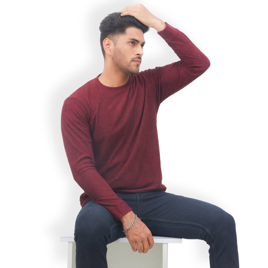Corduroy Full Sleeves T-shirt for Men Maroon
