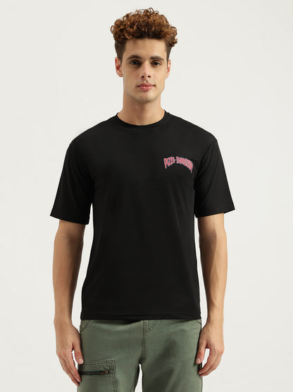 Black Pizza Invasion Back Print Oversized T-shirt