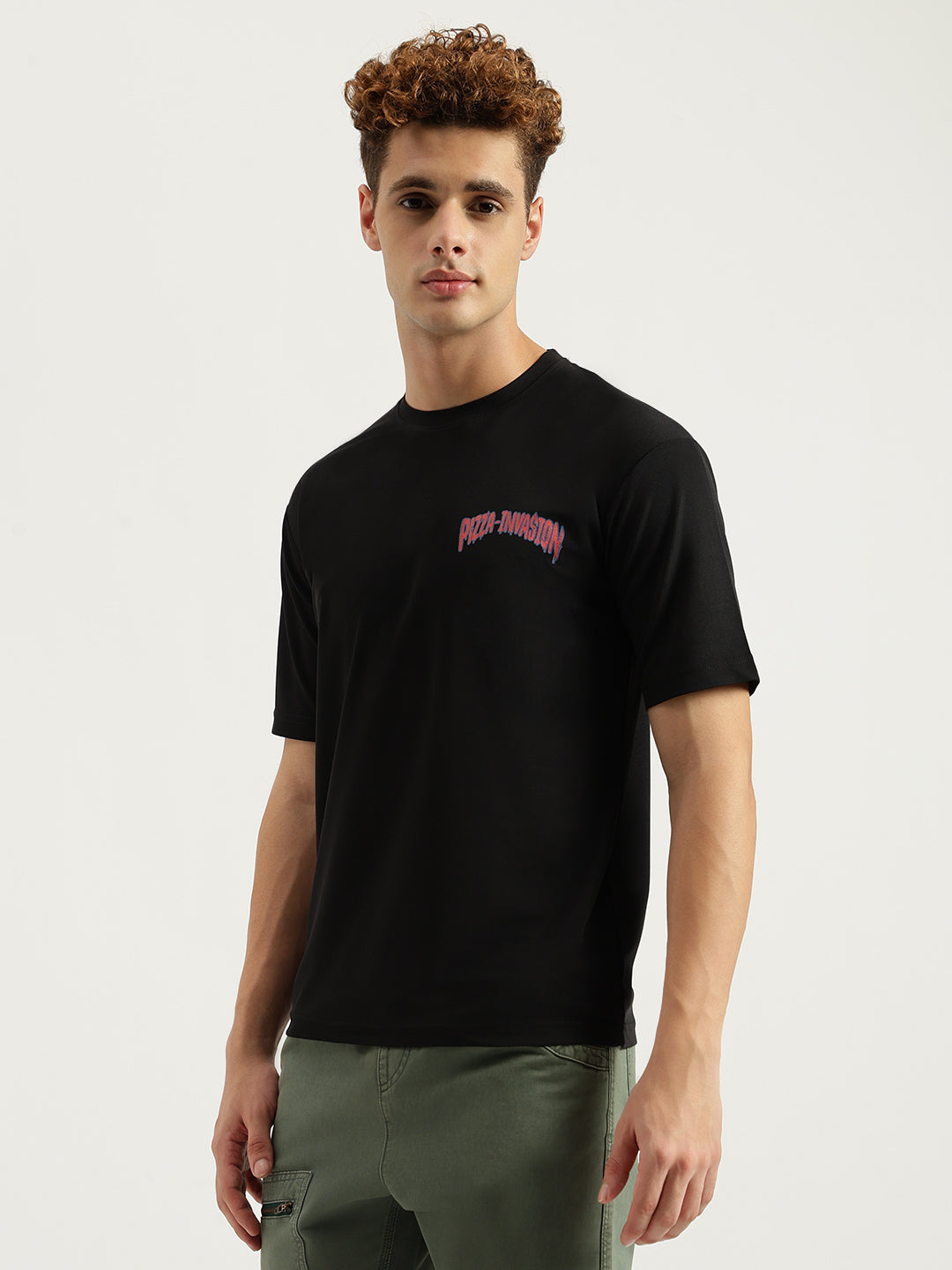 Black Pizza Invasion Back Print Oversized T-shirt