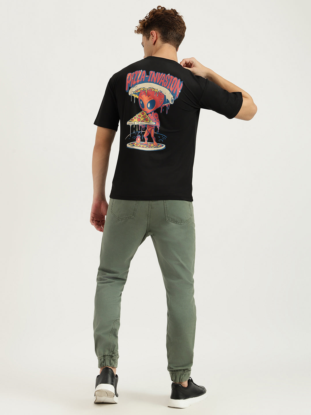 Black Pizza Invasion Back Print Oversized T-shirt