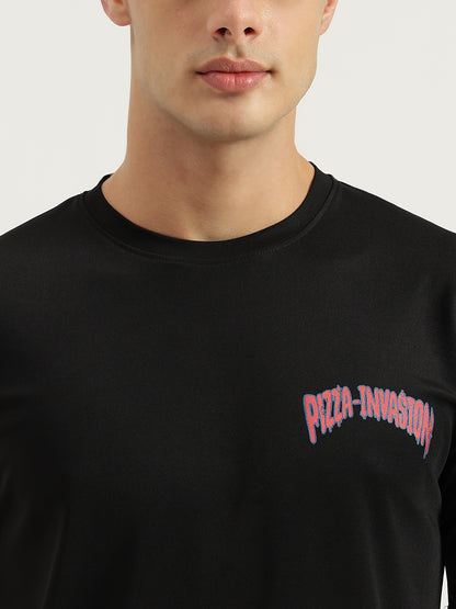 Black Pizza Invasion Back Print Oversized T-shirt