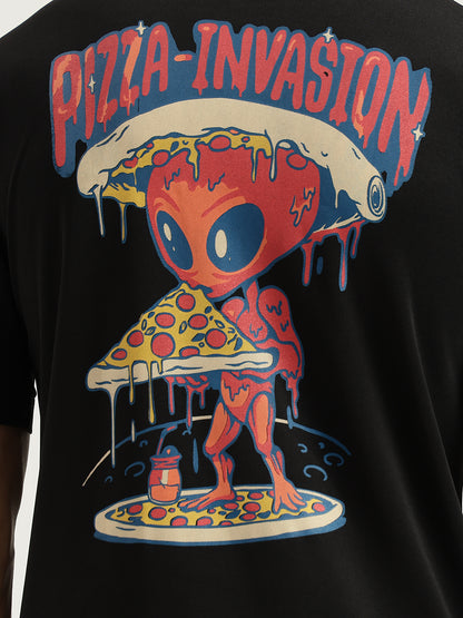 Black Pizza Invasion Back Print Oversized T-shirt