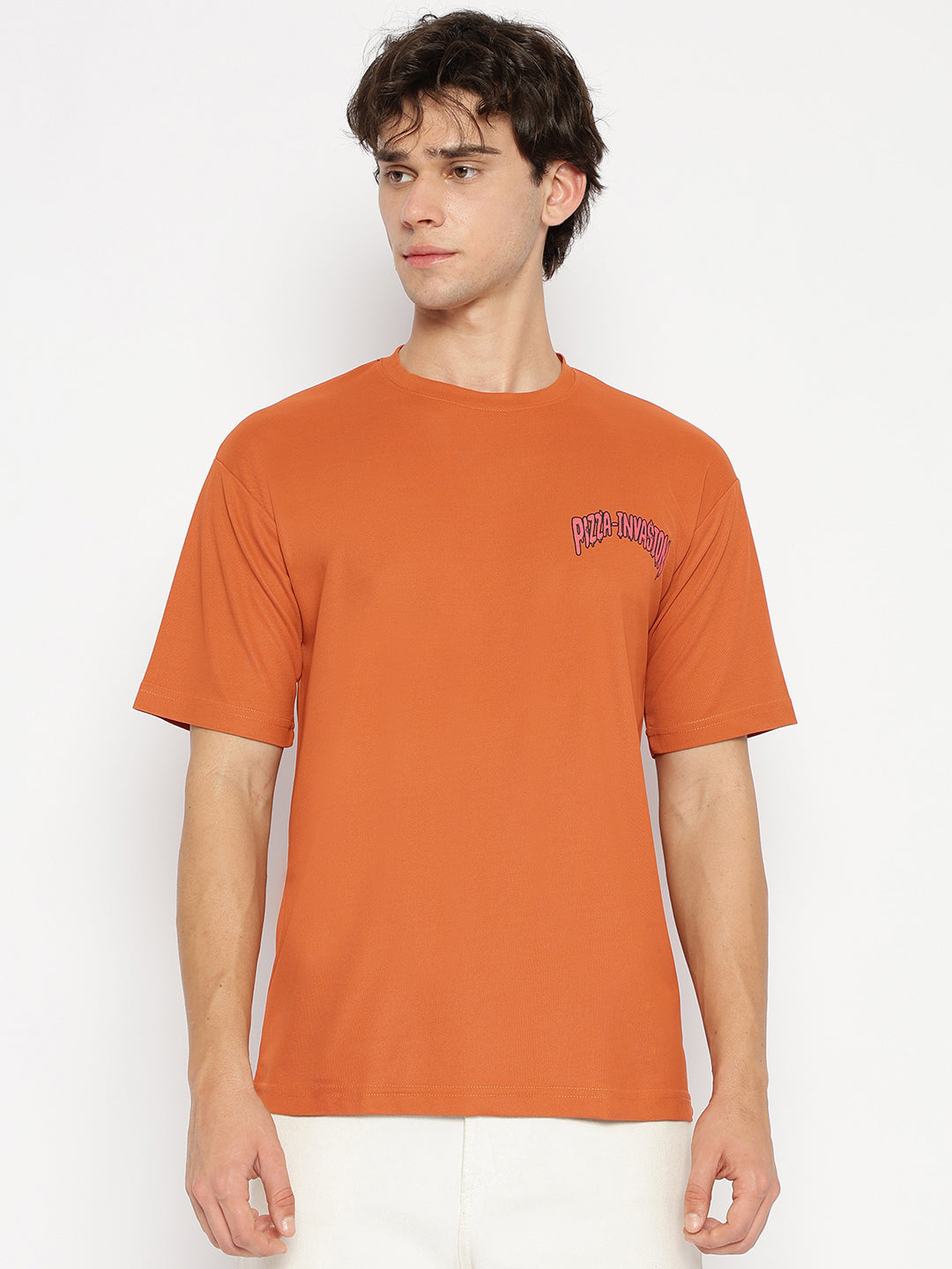 Pizza Invasion Back Print Oversized T-shirt Orange