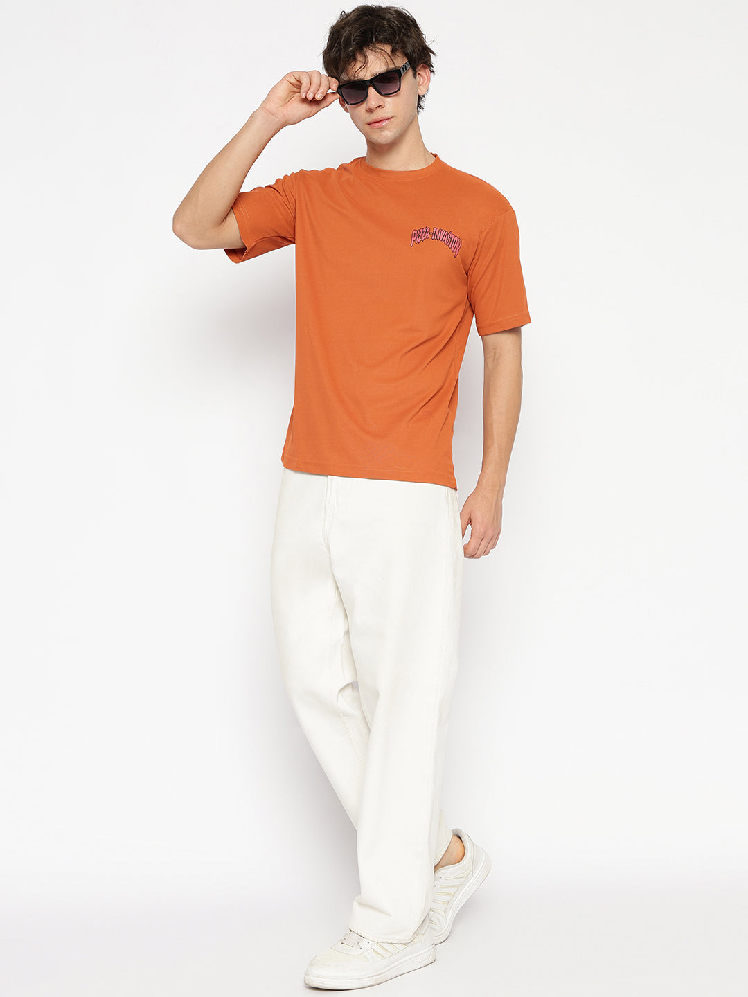 Pizza Invasion Back Print Oversized T-shirt Orange