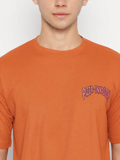 Pizza Invasion Back Print Oversized T-shirt Orange